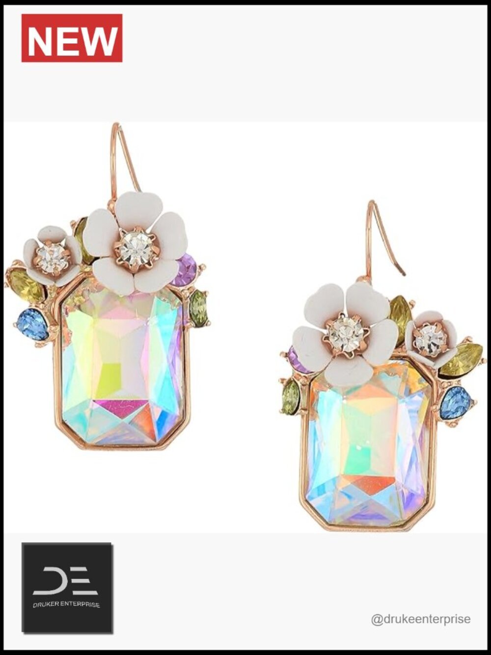 Drop Dangle Earrings Flower Cluster Stone Rose Gold Tone